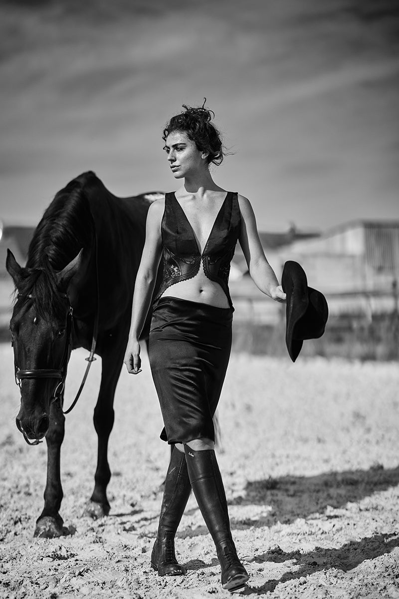Black organza vest top with Leavers lace appliques - Ariane Delarue Lingerie