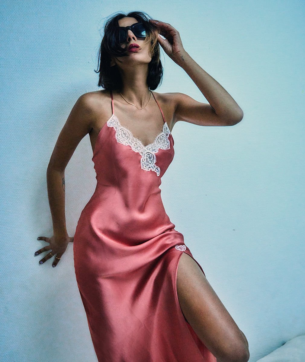 Long Satin Silk Nightgown with Front Slit, in Terracotta - Ariane Delarue Lingerie