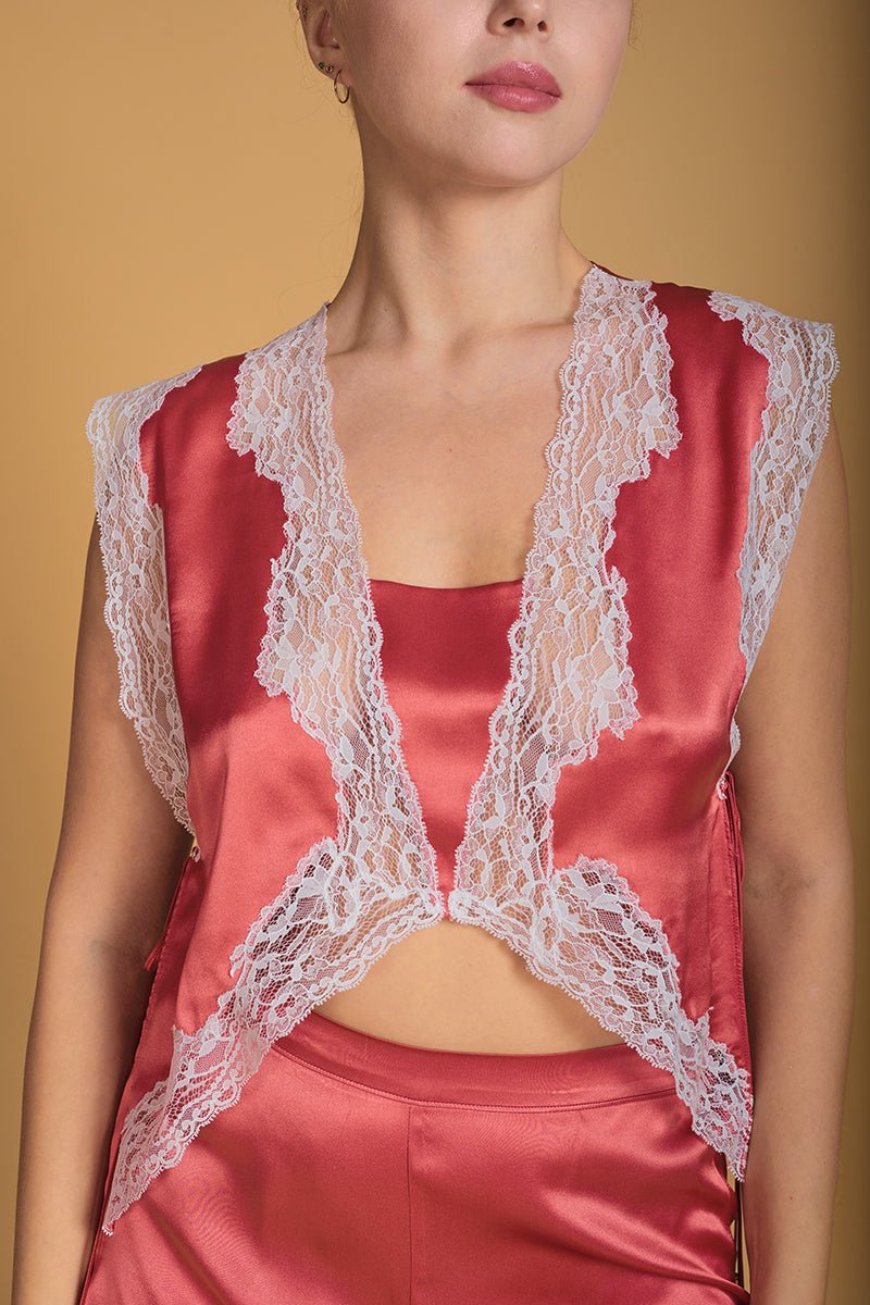 Satin Silk Top with Lace Appliqué, in Terracotta - Ariane Delarue Lingerie