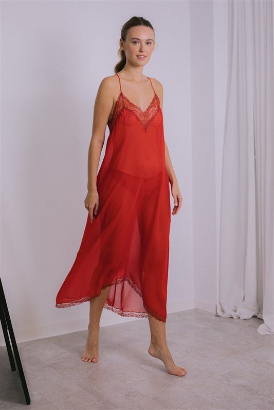 Sheer silk long nightdress in red with French lace - Ariane Delarue Lingerie