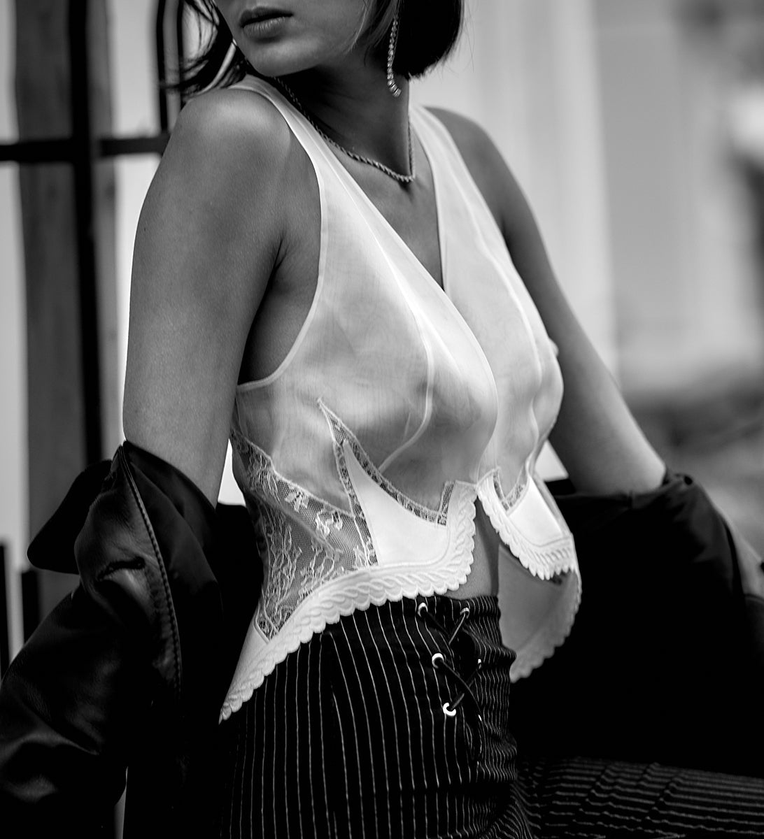 Silk organza top in white with Chantilly lace - Ariane Delarue Lingerie