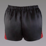 Silk satin bloomers shorts in black with red Leavers lace - Ariane Delarue Lingerie