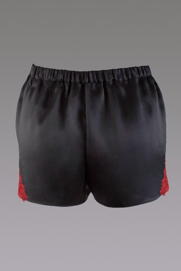 Silk satin bloomers shorts in black with red Leavers lace - Ariane Delarue Lingerie