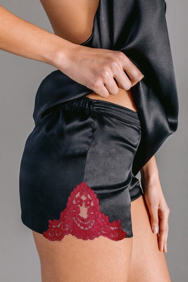 Silk satin bloomers shorts in black with red Leavers lace - Ariane Delarue Lingerie