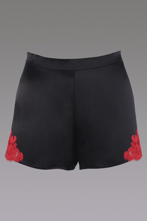 Silk satin bloomers shorts in black with red Leavers lace - Ariane Delarue Lingerie