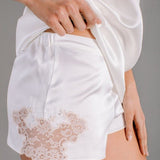 Silk satin bloomers shorts in white with powder pink Leavers lace - Ariane Delarue Lingerie