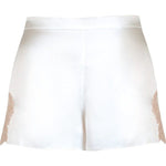 Silk satin bloomers shorts in white with powder pink Leavers lace - Ariane Delarue Lingerie