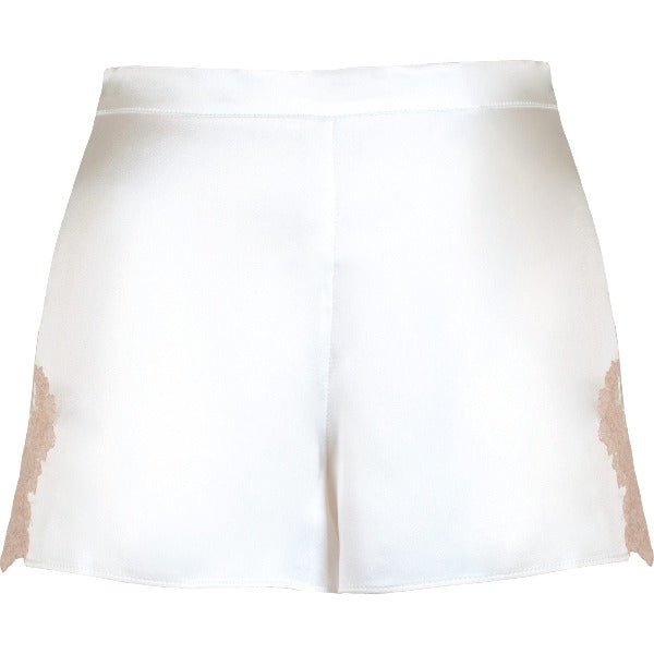 Silk satin bloomers shorts in white with powder pink Leavers lace - Ariane Delarue Lingerie