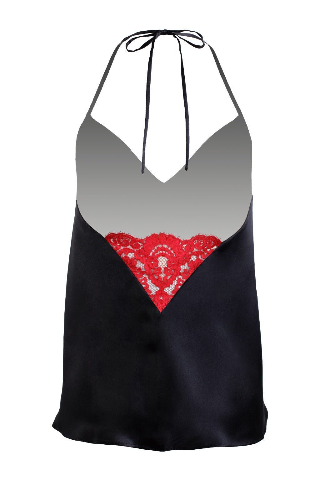 Silk satin camisole in black with red Leavers lace - Ariane Delarue Lingerie