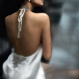 Silk satin camisole in white with French lace appliqué at the back - Ariane Delarue Lingerie