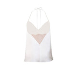 Silk satin camisole in white with powder pink Leavers lace - Ariane Delarue Lingerie