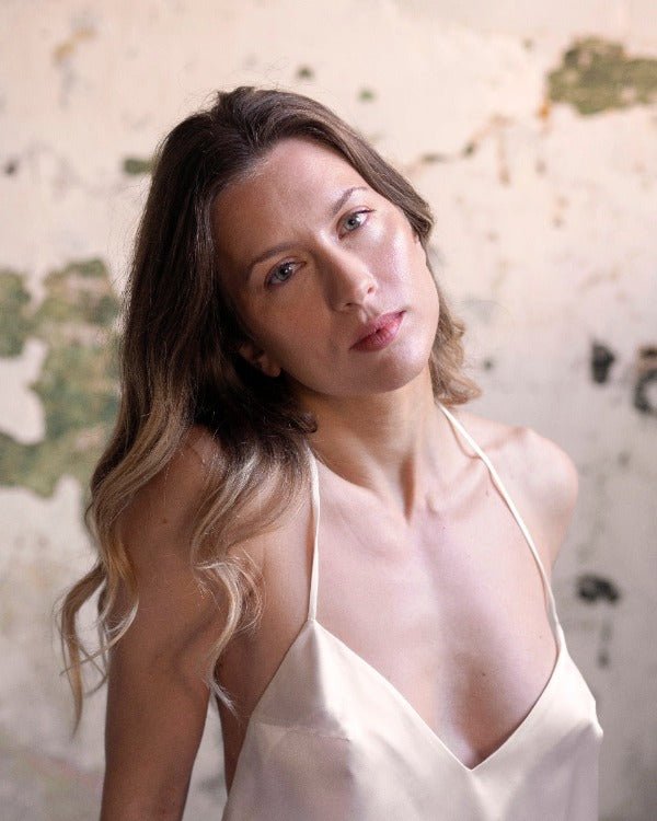Silk satin camisole in white with powder pink Leavers lace - Ariane Delarue Lingerie