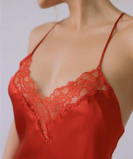 Silk satin long nightgown in Red with French lace - Ariane Delarue Lingerie
