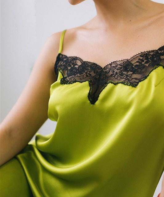 Silk satin slip dress in lime green with French lace - Ariane Delarue Lingerie