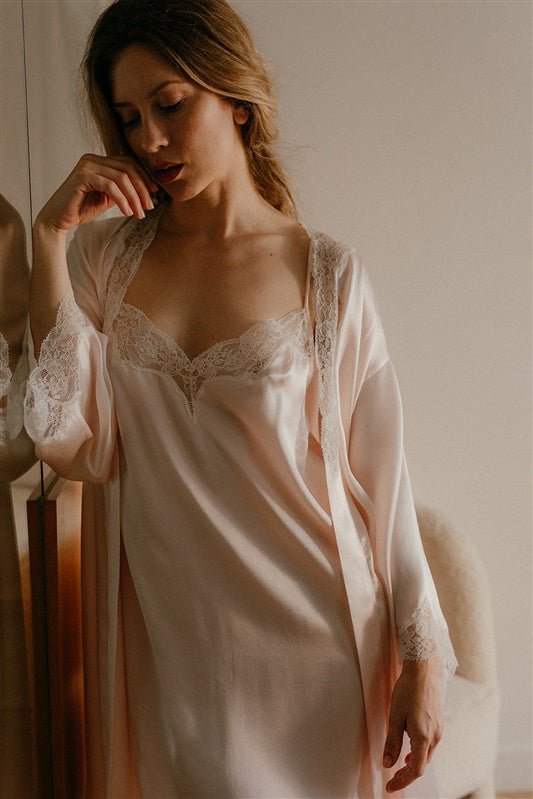 Cyrielle, Nightdress in satin and french lace - Ariane Delarue Lingerie