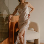 Roxane, Long nightgown in satin silk and french lace - Ariane Delarue Lingerie