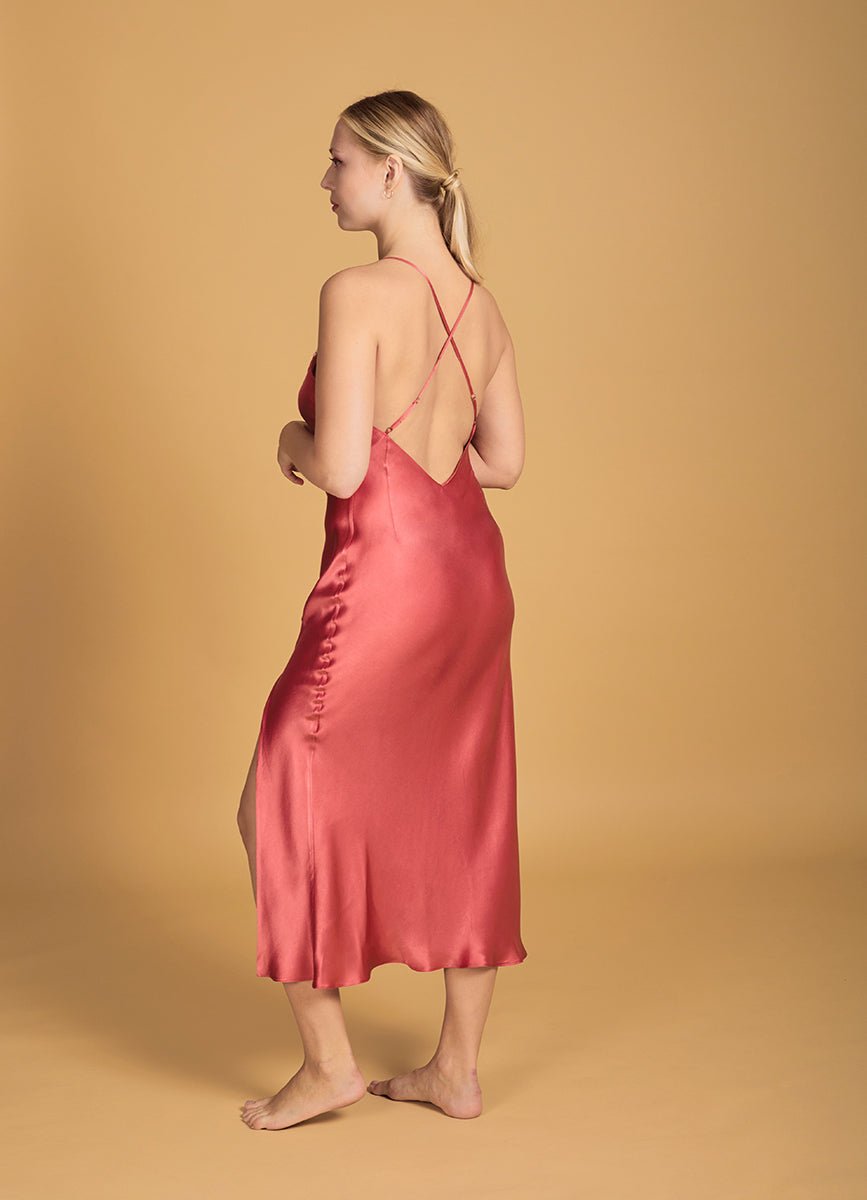 Long Satin Silk Nightgown with Front Slit, in Terracotta - Ariane Delarue Lingerie