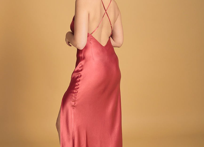 Long Satin Silk Nightgown with Front Slit, in Terracotta - Ariane Delarue Lingerie