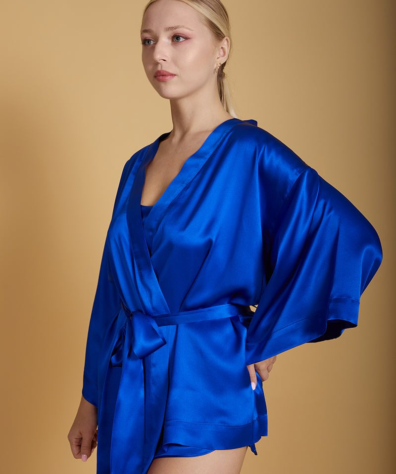 Satin Silk Robe in Electric Blue - Ariane Delarue Lingerie