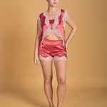 Satin Silk Shorts with French Lace Appliqué, in Terracotta - Ariane Delarue Lingerie