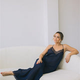 Sheer silk long nightdress in navy blue with French lace - Ariane Delarue Lingerie