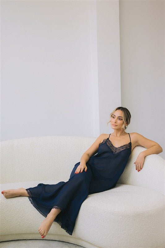 Sheer silk long nightdress in navy blue with French lace - Ariane Delarue Lingerie