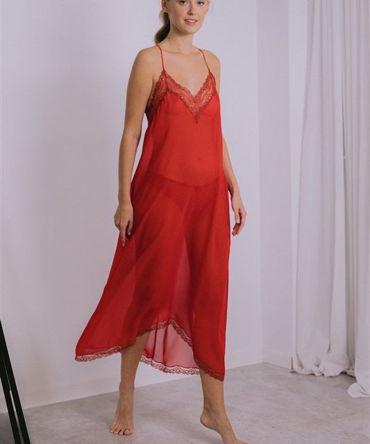 Sheer silk long nightdress in red with French lace - Ariane Delarue Lingerie