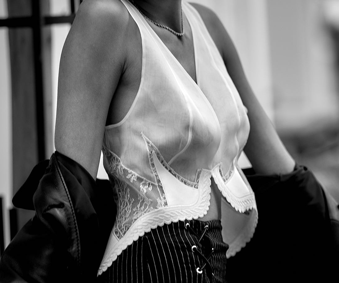 Silk organza top in white with Chantilly lace - Ariane Delarue Lingerie