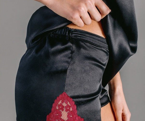 Silk satin bloomers shorts in black with red Leavers lace - Ariane Delarue Lingerie