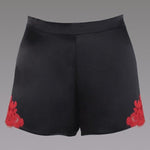 Silk satin bloomers shorts in black with red Leavers lace - Ariane Delarue Lingerie