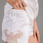 Silk satin bloomers shorts in white with powder pink Leavers lace - Ariane Delarue Lingerie