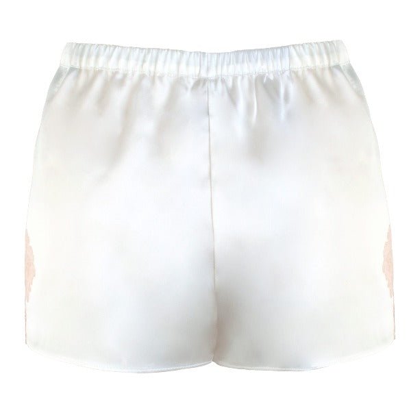 Silk satin bloomers shorts in white with powder pink Leavers lace - Ariane Delarue Lingerie