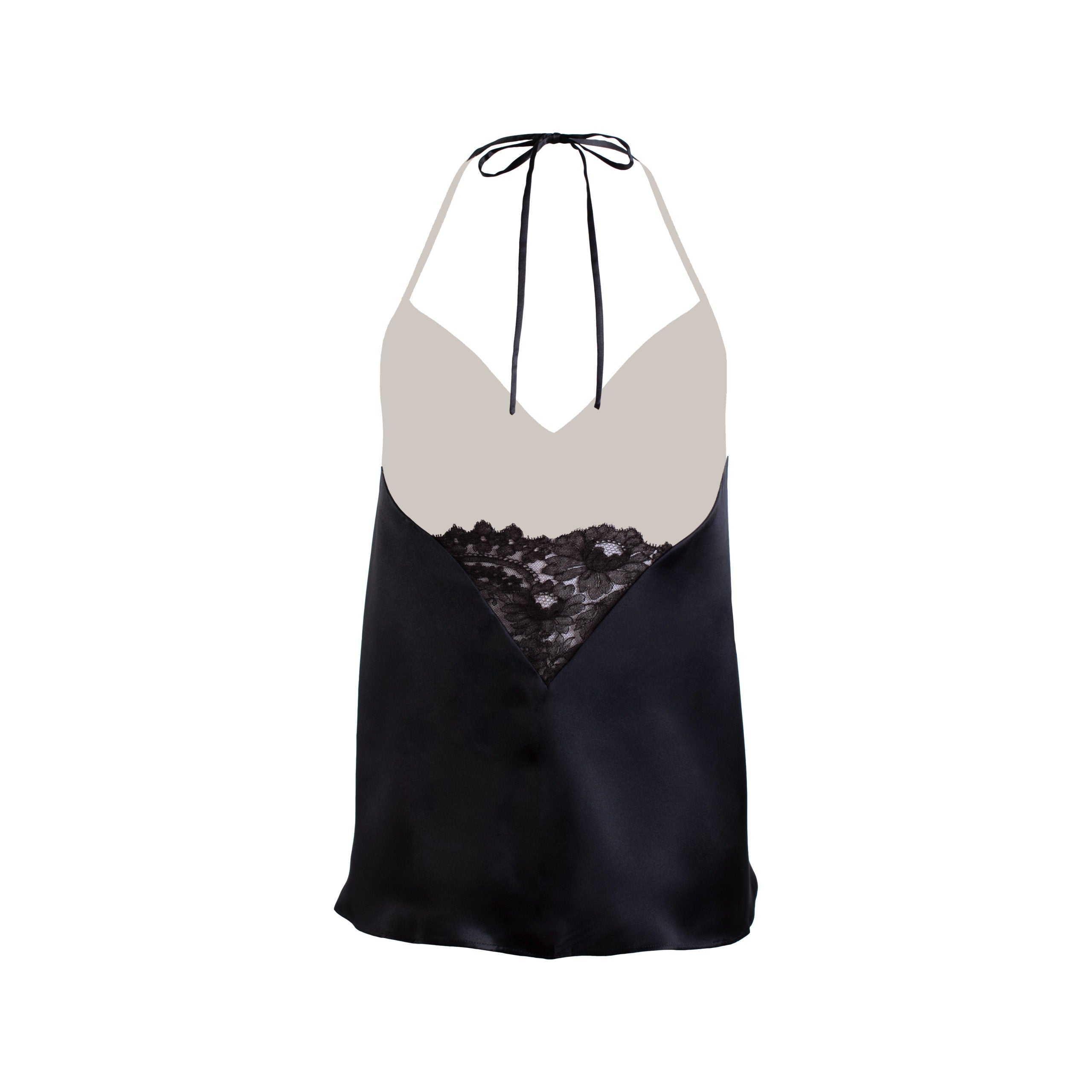 Silk satin camisole in black with Leavers lace - Ariane Delarue Lingerie