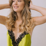 Silk satin camisole in lime green with French lace - Ariane Delarue Lingerie