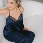 Silk satin camisole in navy blue with French lace - Ariane Delarue Lingerie