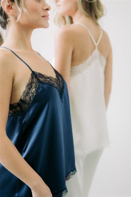 Silk satin camisole in navy blue with French lace - Ariane Delarue Lingerie
