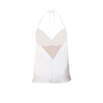 Silk satin camisole in white with powder pink Leavers lace - Ariane Delarue Lingerie