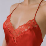 Silk satin long nightgown in Red with French lace - Ariane Delarue Lingerie