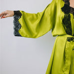 Silk satin robe in lime green with French lace - Ariane Delarue Lingerie