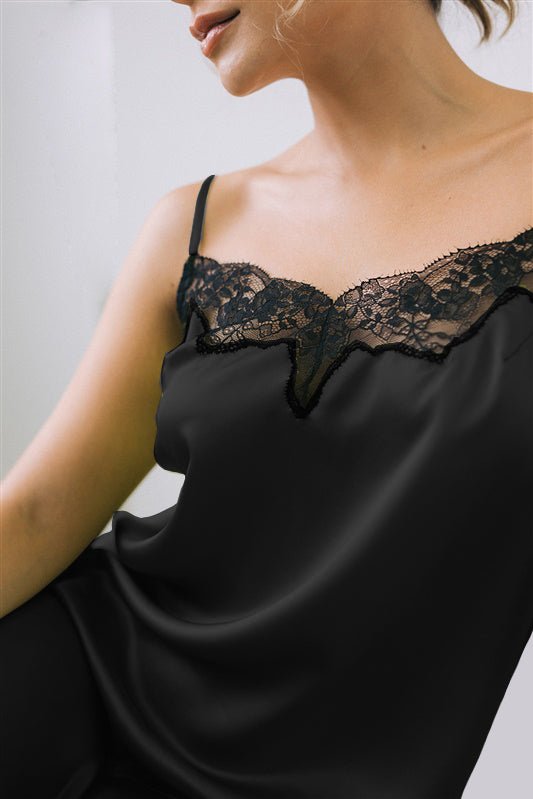 Silk satin nightgown in black with Leavers lace – Ariane Delarue Lingerie