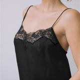Silk satin slip dress in black with French lace appliqués - Ariane Delarue Lingerie