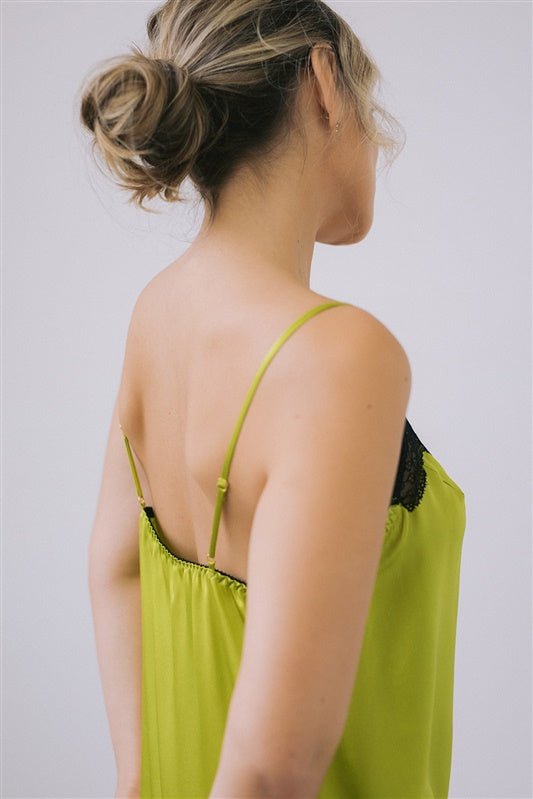 Silk satin slip dress in lime green with French lace – Ariane Delarue  Lingerie