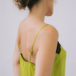 Silk satin slip dress in lime green with French lace - Ariane Delarue Lingerie