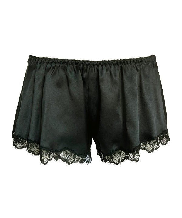 Silk satin tap pants in black with French lace - Ariane Delarue Lingerie