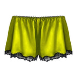 Silk satin tap pants in lime green with French lace - Ariane Delarue Lingerie