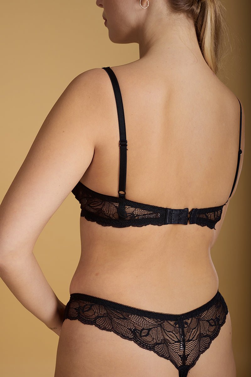 Tanga in Eco-Friendly Black Floral Stretch Lace - Ariane Delarue Lingerie