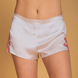 White Satin Silk Tap Pants with Old Rose Lace Appliqué - Ariane Delarue Lingerie